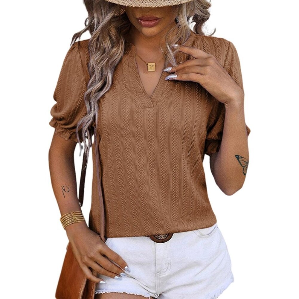 Women's Knit Blouse Short Puff Sleeves V Neck Casual Top Medium
